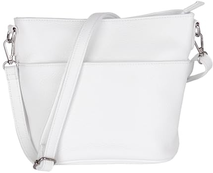 MIRROSI Damen Umhängetasche, Crossbody Bag, Echtleder I Made in Italy (1 Tasche 1 oder 2 Gurt(e)), 24x18x12cm (BXHXT) Mittelgroß (Basic Version (mit 1 Ledergurt): Weiß)