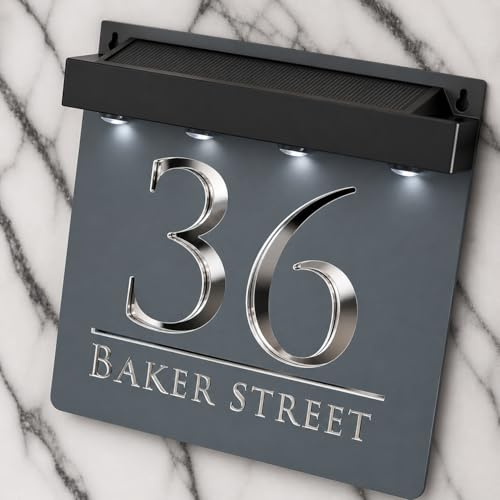 K Smart Sign | Bellissima S1 LED F32 | Square Solar Light House Signs Door Number Plaques With LED Personalised Name Address Sign For Wall With Classic Text (Matt Grey & Silver Mirror)