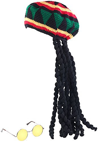 infactory Perücke: Jamaika-Mütze mit Dreadlocks & gelber Brille (Kostüm-Perücke, Perücke als Kostüm-Zubehör, Halloween)