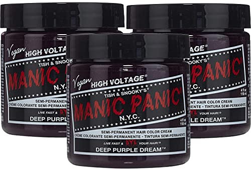 MANIC PANIC Deep Purple Dream - Tintura per capelli semi-permanente classica ad alta tensione, 3 pezzi, colore: mora, tonalità viola, per capelli scuri e chiari, vegana, senza PPD e ammoniaca, per