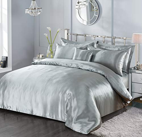 5 Piece Satin Sheets Super Soft Shiny Bedding Sets, 1 x Duvet Cover, 1 x Fitted Bed Sheet, 4 x Pillow Cases, 1 x Cushion Cover, Full Complete Bed Set (Silver, Single)