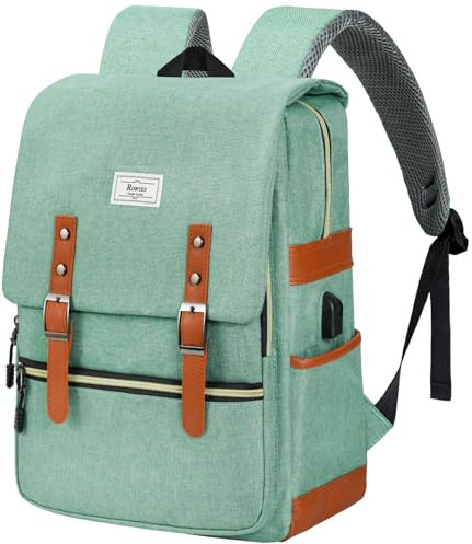 Ronyes Vintage Laptop Backpack College Bag School Bookbag for Women Men Unisex 15.6inch Small Computer Stylish Casual Rucksack Daypacks with USB Charging Port (LightGreen)
