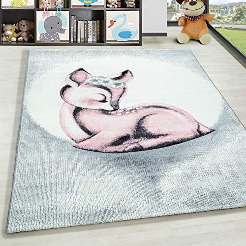 HomebyHome Tapis Enfant Rose 120x170 cm Tapis au Motif cerf pour la Chambre des Enfants. Ce Tapis est Doux et adapté à Votre bébé