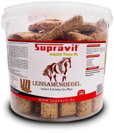Supravit Leinsamen Pferde Leckerlies – 2kg Eimer - der etwas größere Belohnungssnack für Pferd und Pony – Leinsamenriegel – Pferdeleckerlis ohne Zucker - gesund & klebt Nicht
