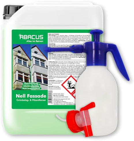 ABACUS® Fassadenreiniger mit Sprühflasche, Grünbelagentferner für Fassaden, Putz & Hauswände – Entfernt selbsttätig Pilze, Flechten & Algen von Fassaden – Nur 0,1L pro m², Nell Fassade 25 Liter (7593)