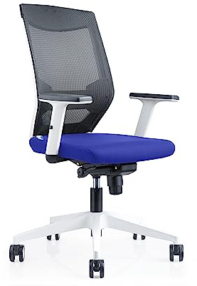 Rocada Drehstuhl blau weiß komfortabel mit Rollen | bequem gepolstert, flexible Sitzhöhe, stützende Lendenzone, anpassbare Armlehnen, mobil auf Teppich, belastbar bis 125 kg
