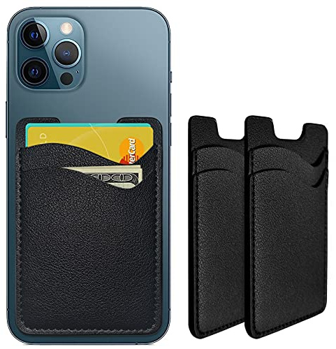 Leather Phone Wallet, Stick On Card Holder for Back of Phone Case - Compatible with Most Cell Phones (iPhone, Samsung) - 2Pack Black