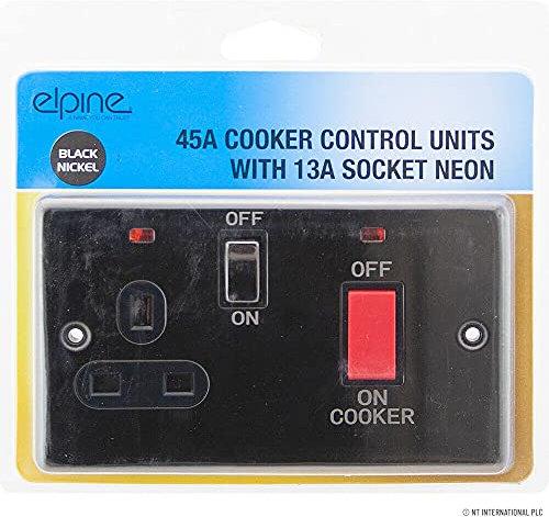 Black Nickel Cooker Control Switch - Kitchen With Fixing Screws Electric Home | Cooker Switch, With 13A Switched Plug Socket & Neon Indicators 2 Gang Plate