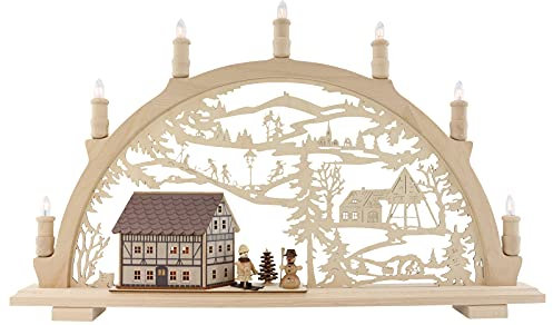 Lenk & Sohn - Schwibbogen 7 flammig Fachwerkhaus beleuchtet Winterfiguren - 66x44cm