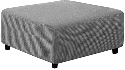 qiden Quadratischer Hockerbezug Stretch-Ottomanenbezug Plüsch, 10% Dicker großer Stretch-Hockerbezug Anti-Rutsch-Fußhocker Schonbezüge mit elastischer Unterseite-hellgrau-M