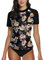 BesserBay Damen Kurzarm Bademode Sonnenschutz Mit Blumen Druck Rash Guard Sonnenschutz UPF 50+ A3 XL