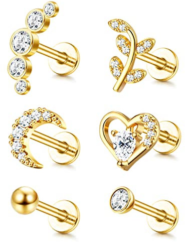 Adramata 6Pcs 16G Knorpel Tragus Ohrstecker Für Damen Herren Ohrringe Innengewinde CZ Mond Herzblatt Helix Conch Labret Monroe Ohrpiercing Schmuck