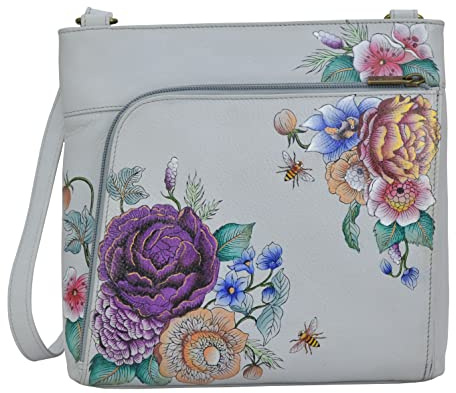 Anuschka Damen Women's Hand-Painted Leather Crossbody with Front Zip Organizer Card Protection Original handbemalte Umhängetasche aus echtem Leder mit Reißverschluss vorne und RFID-Kartenschutz