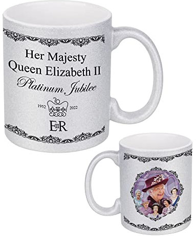 Print Maniacs Queens Platinum Jubilee Glitter Mug Gift Merchandise Souvenir 2022 Commemorative Her Majesty Queen Elizabeth Keepsake Street Garden Party Decorations Cup (Platinum Silver Glitter Mug)