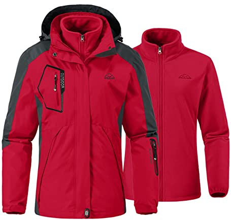 YSENTO Damen 3 in 1 Outdoor Winter Softshell Funktionsjacke mit Fleecejacke wasserdichte Regenjacke Winter Warme Winddichte Übergangsjacke(Rot,L)