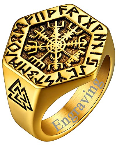 FaithHeart Herren Jungen Wikinger Vegvisir Fingerring mit Rune goldener Wikinger Siegelring mit Vegvisir Nordischer Style Fingerring mit Gravur für Freunden Ehemann