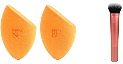 Real Techniques Miracle Complexion Makeup Sponge for full cover foundation, Pack of two (Packaging May Vary) & Expert Face Makeup Brush for Foundation (Packaging and Handle Colour May Vary)
