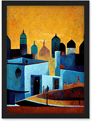 Doppelganger33 LTD Moroccan African Cityscape Modern Blue Yellow Artwork Framed Wall Art Print A4