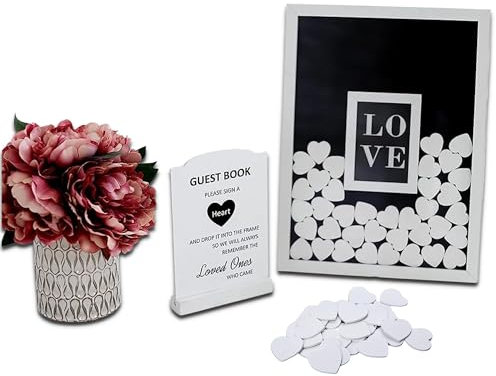 CampoliCreations Wedding Guest Book Alternative, Registry Item,12x16 Picture Frame, 65 Pcs Welcome Sign, Gift, White Hearts, Baby Shower Registry, Anniversary, Funeral, Memories, White