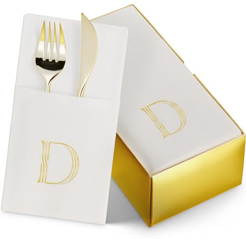 50-Pack Monogrammed Napkins With Pocket For Flatware, 16 x 16 Gold Foil Letter D Disposable Linen-Feel Napkins, Prefolded Silverware Pocket Napkins For wedding, Party Or Baby Shower