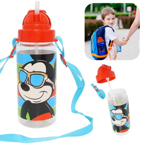 HOVUK Mickey Mouse Kids Water Bottle 500ml - Tritan Water Bottle with Shoulder Strap for School, Kids Summer Gift for Boys 3+Years