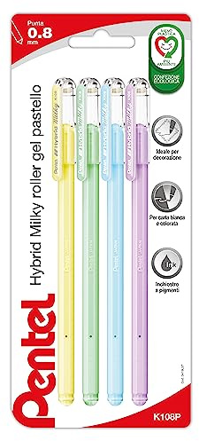 Pentel K108P Hybrid Milky roller gel colori pastello 4 pz (verde, viola, giallo, azzurro)