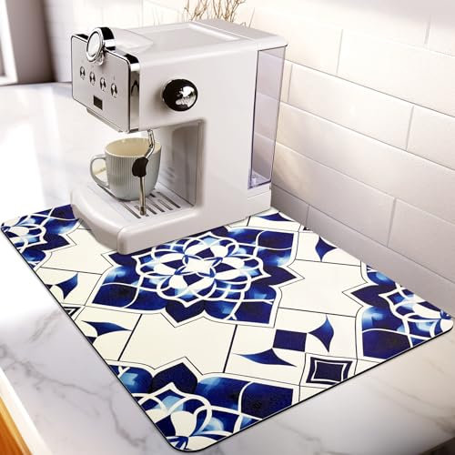 Matace Designer-Abtropfmatte – 40,6 x 61 cm, zuschneidbar, PU-Leder-Oberfläche und Gummi-Rückseite, schnell saugfähig, hitzebeständig, für Küchenarbeitsplatte, Kaffee-Bar-Dekor – blaue und weiße