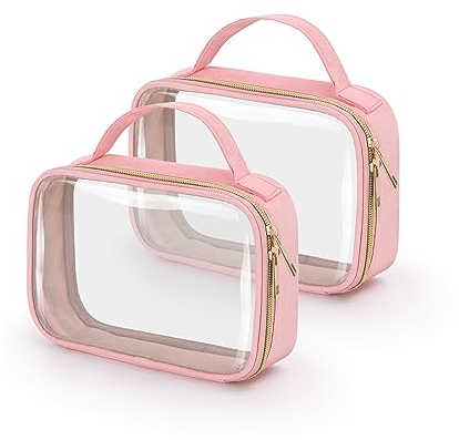 Clear Toiletry Bag - 2 Pack TSA Approved Clear Makeup Bags for Travel | Fabric & PVC, Waterproof, Transparent Cosmetic Bags with Handles, Travel Essentials for Women&Men, Compliant Bag, Pink