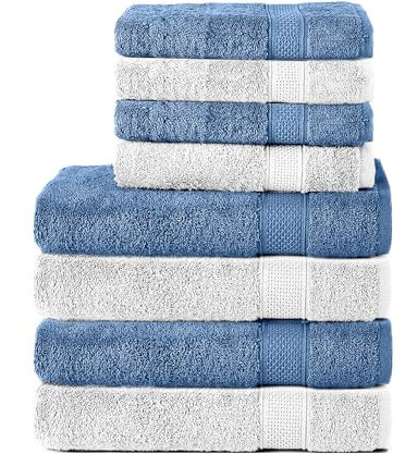 Komfortec 8er Handtuch Set aus 100% Baumwolle, 4 Badetücher 70x140 und 4 Handtücher 50x100 cm, Frottee, Weich, Towel, Groß, Hellblau/Weiss