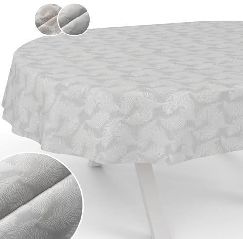 Tischdecke Stoff abwaschbar Lurex Tischtuch Tafeldecke Teflon beschichtet pflegeleicht Lotuseffekt schmutz- & wasserabweisend Kate Floral Blätter Oval 260x140cm Schnittkante Silber
