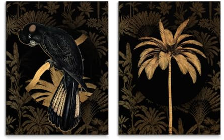 STYLER Leinwandbilder Set Black Parrot 2x 32x42 cm (AUFHÄNGFERTIG) - Exotisches Flair mit schwarzem Papagei und goldener Palme - Hochformat