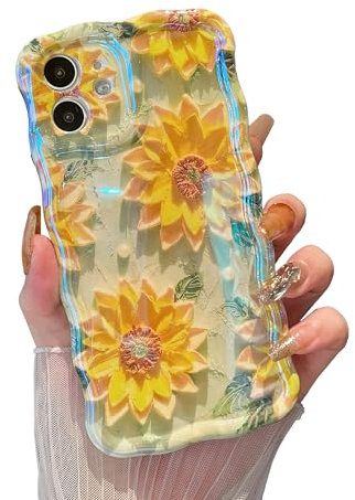 XIZYO Colorful Retro Oil Painting Flower Case for iPhone 12, Curly Wave Frame Laser Glossy Cute Floral Aesthetic Phone Case, for Girls Women Slim Soft TPU Shockproof Phone Cover, Sunflower/Green