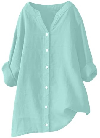Tallas Grandes Camiseta Mujer Manga Larga,Algodón y Lino Camisa Mujer de Cuello en Pico con Botones Color Solido Lino Blusa Mujer en Distintos Colores Corte Suelto Top Mujer Primavera Verano