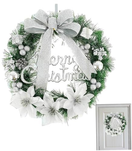 Christmas Wreath 30cm Christmas Decorations Front Door Wreath Decoration with Bow Flowers Ball for Indoor Outdoor Silver