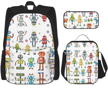 OKFSTY Niedlicher Cartoon-Roboter-Rucksack, 40,6 cm, für Jungen, Vorschule, elementare Büchertasche und Lunchbox, geringes Gewicht, 3 Stück, Schwarz , Einheitsgröße, Schulranzen-Set