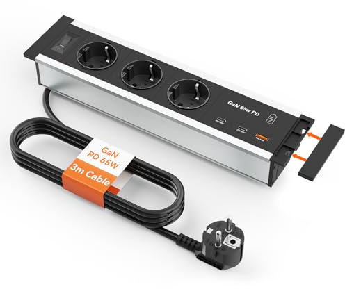 Ohuo Regleta de Enchufe Empotrable con PD 65W USB-C GAN, Enchufe Empotrable Mesa Cable 3 Metros, Plata y Negro