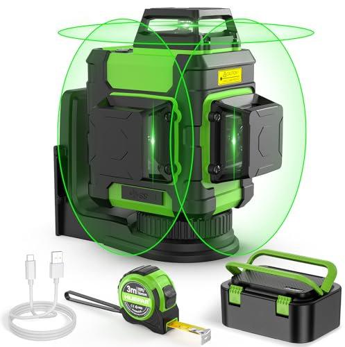 Huepar Laser Level with Tape Measure Set, 3x360° Self-Leveling Lazer Level Green 3D Cross Line Li-ion Battery Lazer Leveler Professional Outdoor Lazer Tool, Magnetic Bracket & Hard Carry Case Included