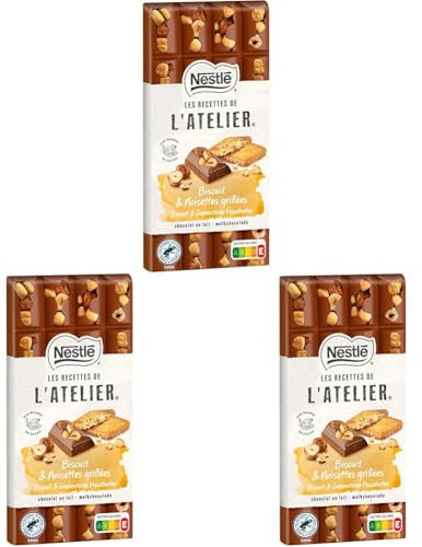 LES RECETTES DE L'ATELIER - Tablette Chocolat Lait Biscuit et Noisettes grillées - 170g (Lot de 3)