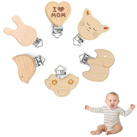 Baby Schnullerketten Clips,6 Stück Schnullerclip Holz Set,Tiere Holz Halter Schnullerketten Clips,Holz Schnullerketten Zubehör,Schnullerkette Personalisiert Zubehör für DIY Schnullerkette Basteln