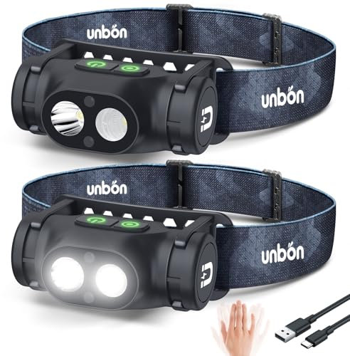 UNBON Torcia Frontale LED Ricaricabile, 2 Pezzi Lampada Frontale LED Ricaricabile USB C Potente con 3 Modalità, Sensore di Movimento e Base Magnetica, IPX4 Impermeabile Torcia da Testa, Luce da Testa