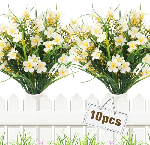 Yueshop 10 Bundles Artificial Daisy Flowers Outdoor, Plastic Flowers Plants | Fake Flowers White Artificial Flowers,Artificial Plants Outdoor,Faux Plants UV-Resistant,Home Garden Planter Grave Decoration