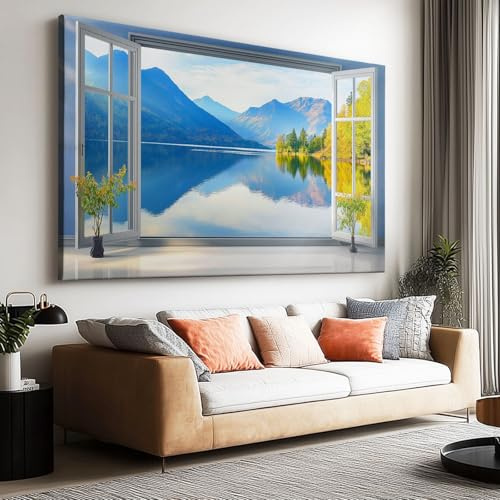 Großes Leinwandbilder Wandbilder 3D Fenster Dorf Bergbild auf leinwand Wandkunst Modern Aesthetic XXL Kunstdruck Deko für Wohnzimmer Schlafzimmer Geschenk 120x60cm
