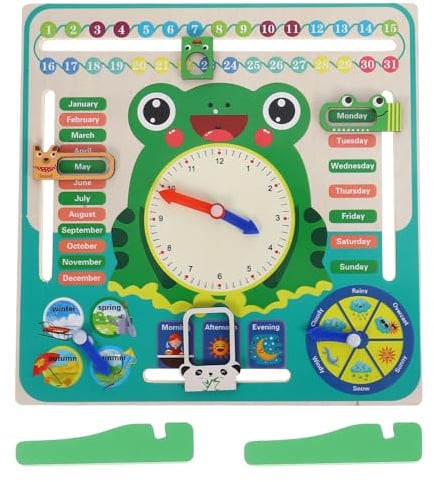 HEALSOPTHY Holz Lernspielzeug Froschuhr und Kalender Kindergartenspielzeug Zur Uhrzeit und Datumsanzeige
