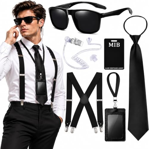 Agent Kostüm Zubehör,6-teilig Spion Kostüm Set für Halloween Karneval | Men in Black Kostüm, Geheimdienst Kostüm Set mit schwarzer Sonnenbrille Zip Krawatte Hörer ID Karte und Kartenhalter