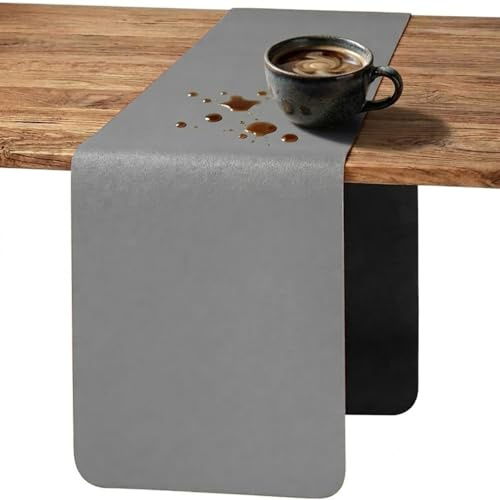 Tischläufer Kunstleder Abwaschbar Wasserdicht Doppelseitig Modernes Tischband Hitzebeständig rutschfest für Esstisch Küche Outdoor Dekoration(Gray+Black,40x140cm)