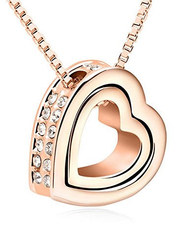 Bungsa Love You Forever Damenkette 45cm Rosegold Farben Halskette Herz - Offener herzförmiger Anhänger mit klarem Strass Besetzt - Kette Frauen rosegoldfarben Liebe - Heart Necklace Crystals Love