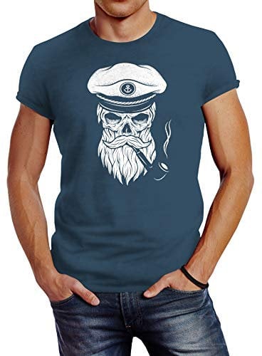Neverless Herren T-Shirt Totenkopf Kapitän Captain Skull Bard Hipster Original Spirit Seemann Slim Fit Denim Blue M