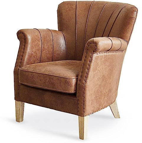 Loberon Sessel Bartley, klassisches Design, edler Antik-Look, von Hand angebrachte Zierknöpfe, Sitzmöbel, Eschenholz, Schweinsleder, braun