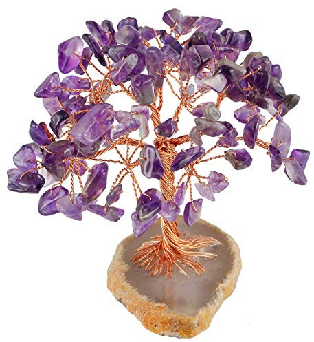 KYEYGWO Décoration Arbre de Vie en Pierre Naturelle d'Énergie, FengShui Figurine sur Tranche d'Agate pour Reiki Chakra Guérison Fortune Richesse Santé, Améthyste