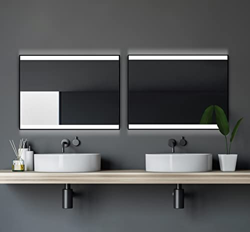 Talos Black Shine 80x60 cm LED Badspiegel mit Beleuchtung – Wandspiegel mit neutralweißem LED-Lichtausschnitt – Matt schwarzer Aluminiumrahmen – Beleuchteter Badezimmerspiegel für Bad